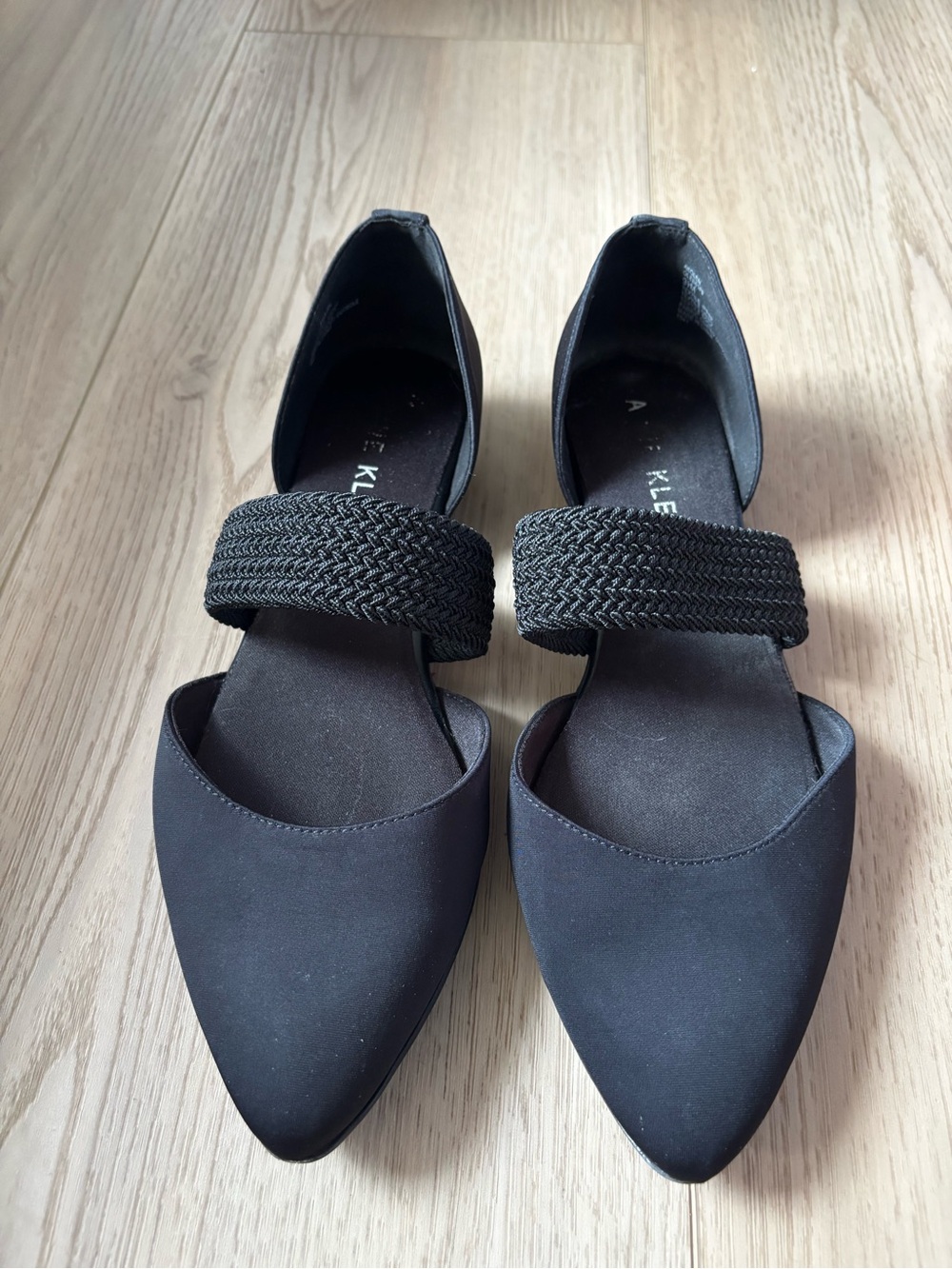 Anne Klein Black Pointed D'Orsay Flats with Braided Strap